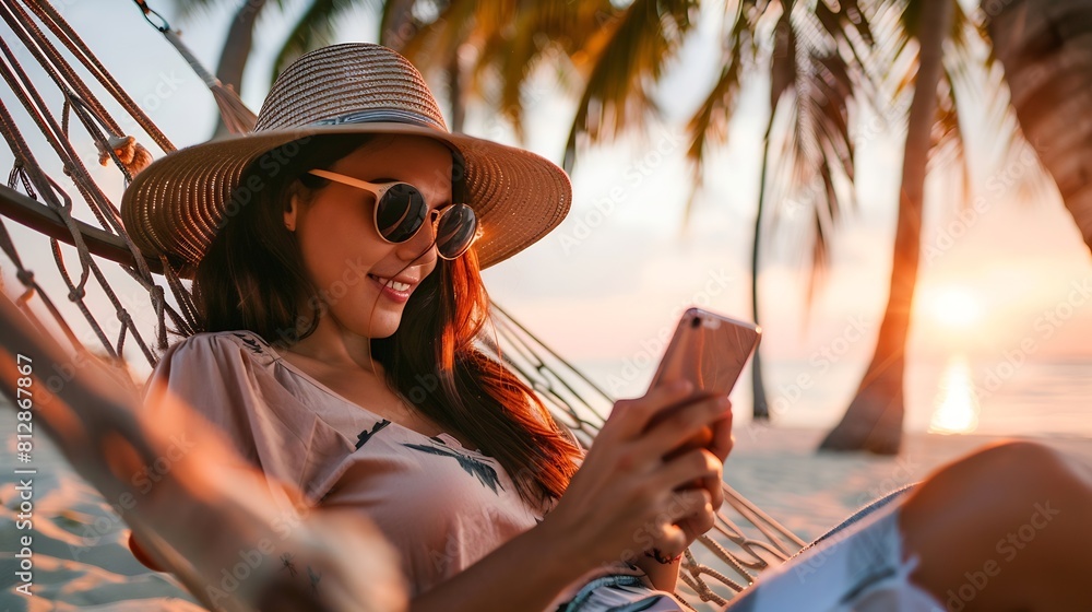 Fototapeta premium Working remotely Young happy woman female freelancer in straw hat and sunglasses working on smartphone while relaxing in the hammock on the beach at sunset Distance job during vacation : Generative AI