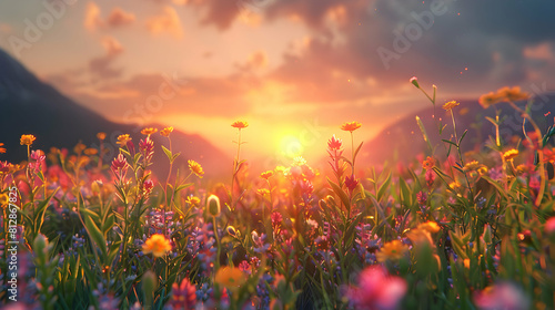 A Serene Sunrise Over Alpine Meadows: Photo Realistic Image of Vibrant Wildflowers and Grasses in Tranquil Nature Setting