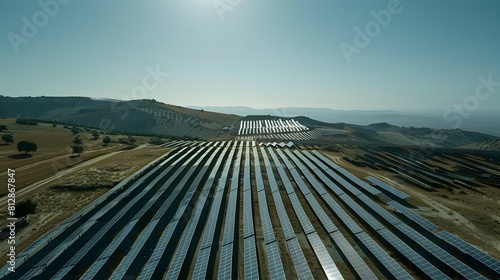 Expansive Solar Farm Beneath the Bright Sky - Renewable Energy Landscape Captured Aerially photo