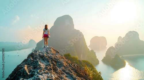 Back view of solo traveler woman enjoying Phang Nga bay view point walking and relaxing Tourist at Samet Nang She Thailand Asia travel trip and summer vacation concept : Generative AI photo
