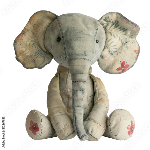 Very old elephant stuffed animal, retro toy, isolated or transparent