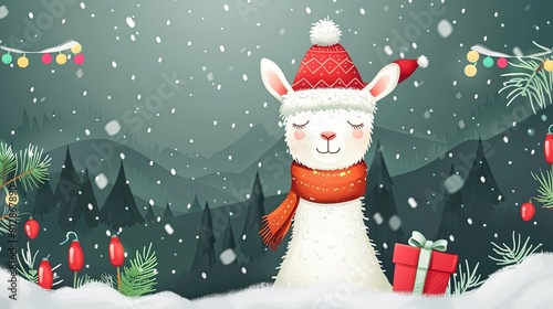 Charming christams card with cute white lama