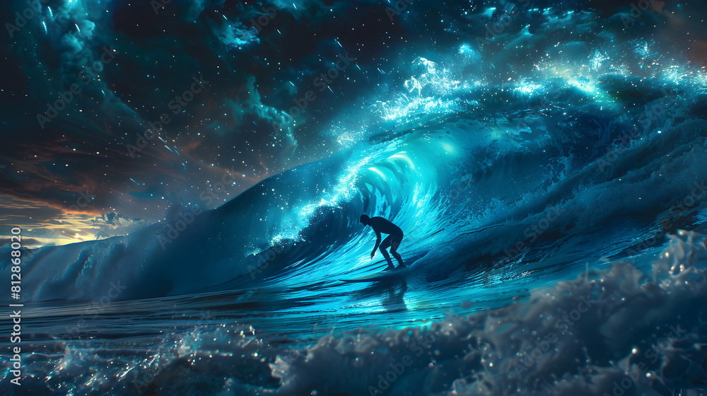 Surfers Catching Bioluminescent Waves under Starlit Skies in a Photo Realistic Concept