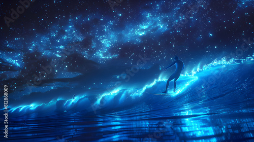 "Surfing under Bioluminescent Skies: Surfers catching waves amid stars and ocean s natural glow in a surreal, photo realistic concept" in Photo Stock Concept.