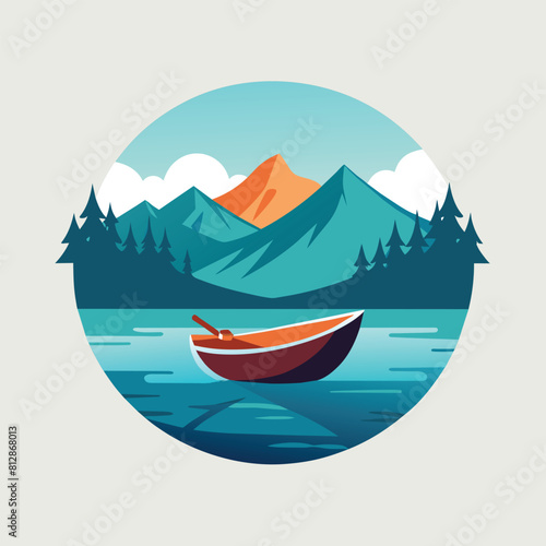 A single boat peacefully floating on a calm glassy lake, A lone canoe drifting on a glassy lake, minimalist logo