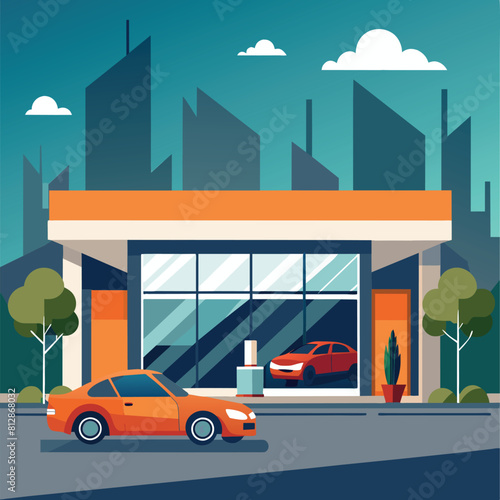 A car is parked in front of a gas station, ready for refueling, A minimalist approach to capturing the essence of a car showroom