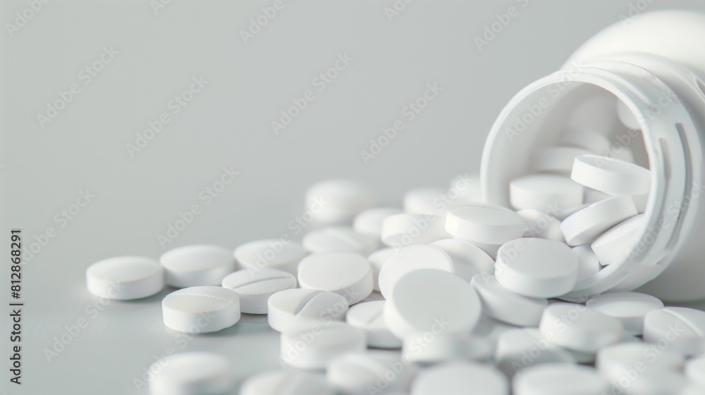Overflowing White Pills from Bottle on Light Grey Background, on a table Overflowing White Pills from Bottle on Light Grey Background, on a table