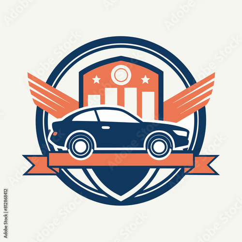 A car emblem featuring wings and a shield, symbolizing speed and protection, A minimalist logo incorporating elements of industrial design