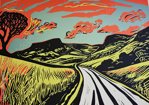 Artistic linocut print with winding road through hills under blue sky  roadtrip mood