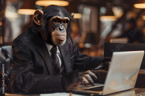 Office Monkey: A monkey in a suit and tie, working at a desk on a laptop, against a busy office background