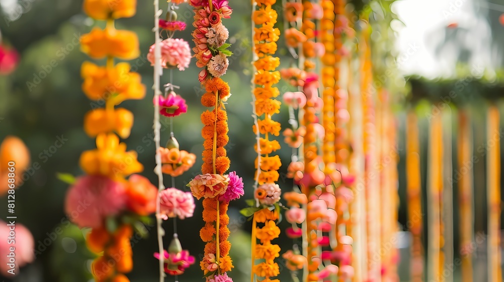 Exquisite Mehndi decorations adorned with an assortment of vibrant flowers, creating a visually stunning display that captures the essence of celebration
