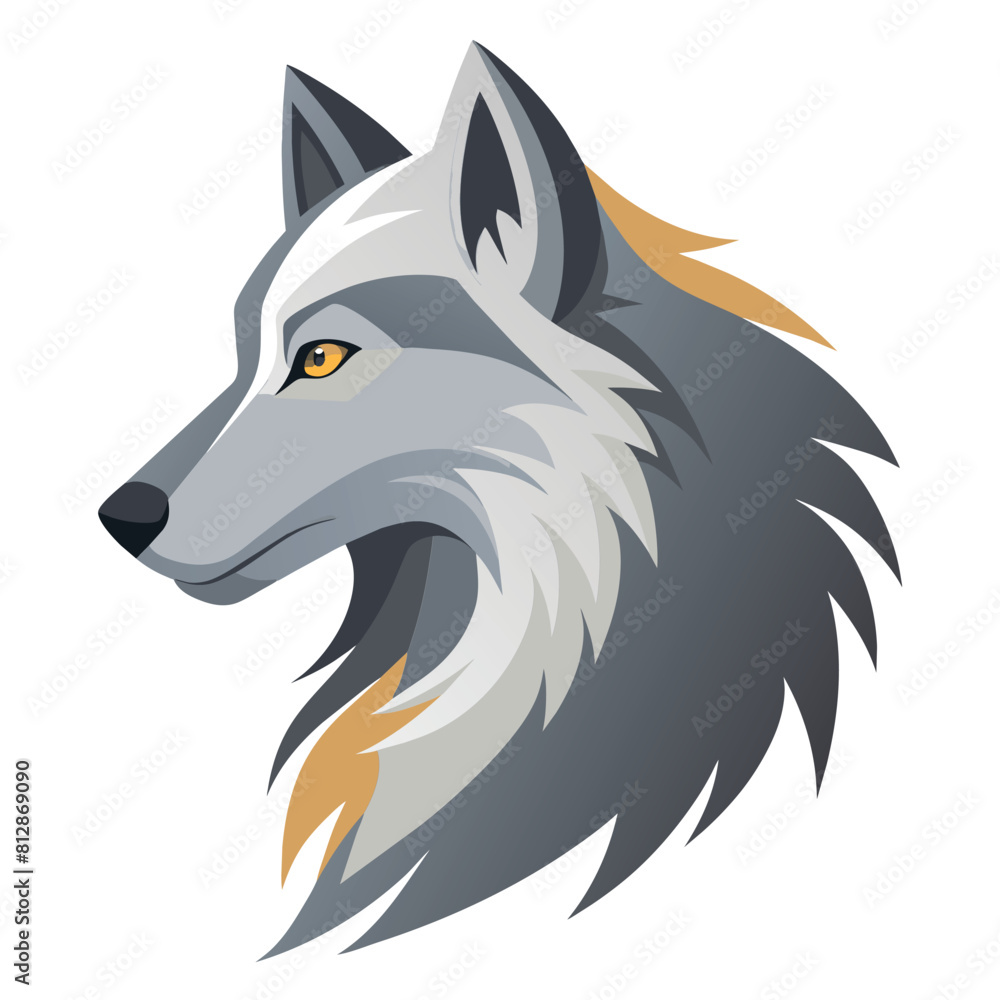 A wolfs head with intense orange eyes set against a plain white background, A minimalist illustration of a wolf's profile, emphasizing the animal's strength and beauty A wolfs head with intense orange eyes set against a plain white background, A minimalist illustration of a wolf's profile, emphasizing the animal's strength and beauty