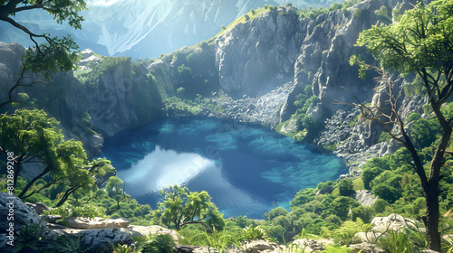 Tranquil Crater Lake in Ancient Volcanic Crater  Surrounded by Steep Walls and Lush Vegetation   Photo Realistic Volcanic Crater Lake Concept in Adobe Stock