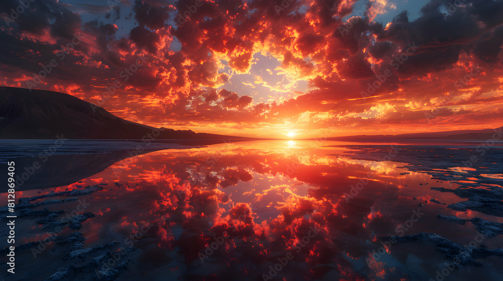 Photo realistic as Volcanic Sunset Reflections concept: The setting sun casts vibrant hues, reflecting fiery sky in still waters of volcanic lake.