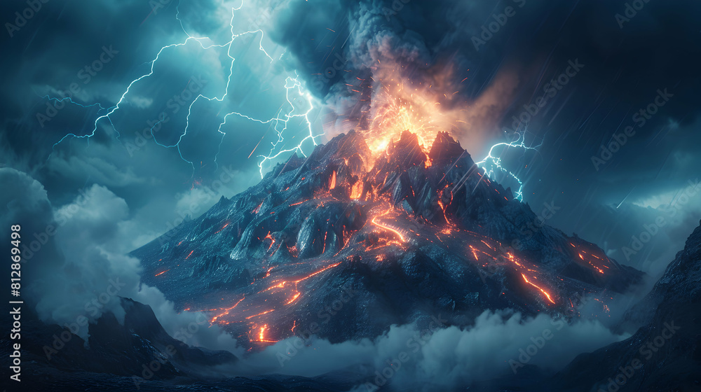 Dramatic Scene: Lightning Strikes Near Erupting Volcano, Intensifying Explosive Event   Photo Realistic Concept