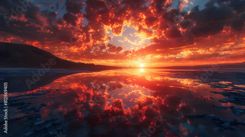 Photo realistic as Volcanic Sunset Reflections concept: The setting sun casts vibrant hues, reflecting fiery sky in still waters of volcanic lake.