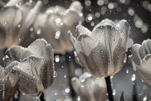 close up of sparkling silver tulips with water droplets and bokeh #812869444