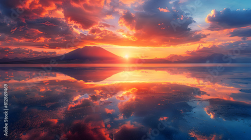 Volcanic Sunset Reflections: The setting sun s vibrant hues over a volcanic lake, reflecting the fiery sky in its calm waters. photo