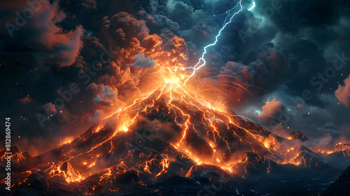 Volcano Lightning Strike: Dramatic Scene of Lightning Near Erupting Volcano, Intensifying Explosive Event Photo Stock Concept