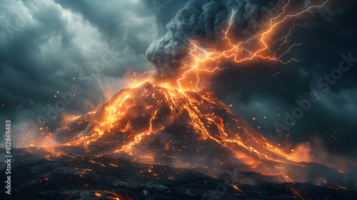 Dramatic Lightning Strike near Erupting Volcano Intensely Realistic Scene Amplifying the Explosive Event