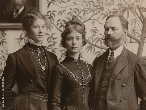 Late 19th Century Family Portrait Featuring a Gentleman and Two Young Women in Elegant Attire