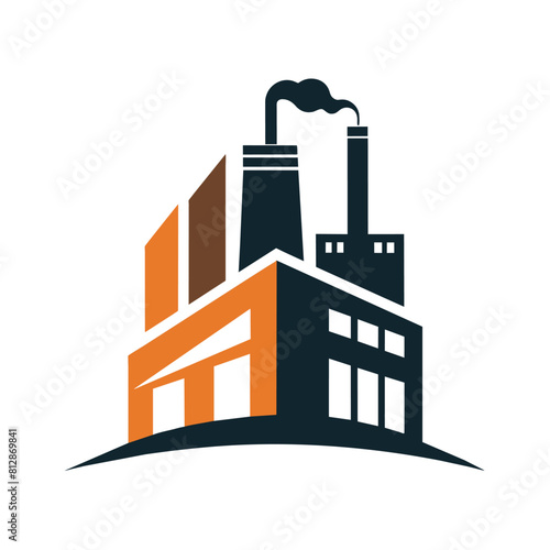 Factory building with a pipe sticking out of it, showing industrial infrastructure, A minimalist logo featuring a stylized factory silhouette