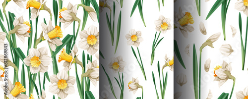 Set of seamless patterns with spring flowers. Texture with daffodils and petals. Vector graphics. Easter background. Great for wallpaper, fabric, cards.