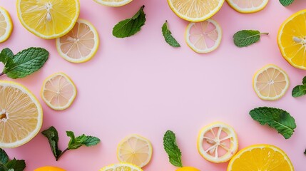Citrus slices and mint herbs frame on retro pastel pink background with copyspace from above Top view of lemon and orange frame design banner : Generative AI
