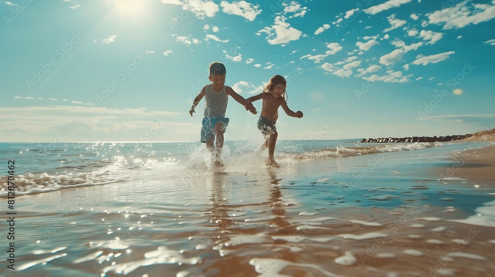Boy and girl playing on the beach on summer holidays Children in nature with beautiful sea sand and blue sky Happy kids on vacations at seaside running in the water : Generative AI