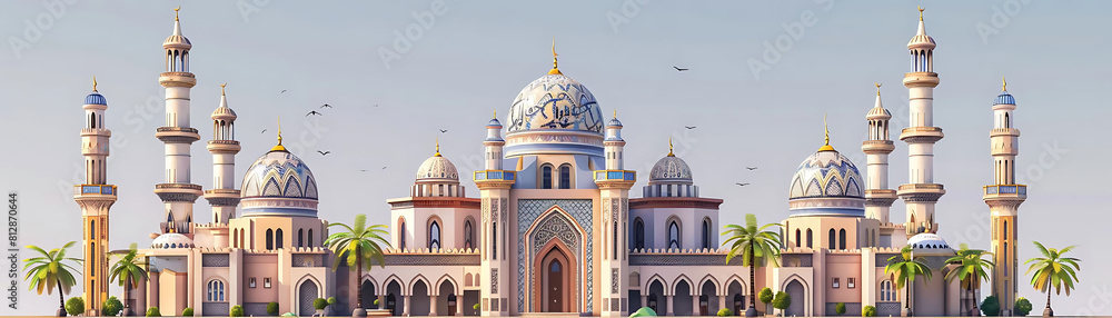 mosque building with classic architecture and high detail, surrounded by palm trees and a blue sky, with a flying bird in the distance