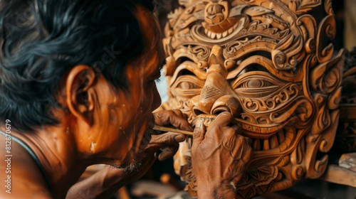 A man is carving a wooden mask. photo