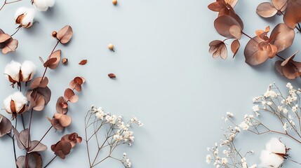 Autumn composition Frame made of eucalyptus branches cotton flowers dried leaves on pastel gray background Autumn fall concept Flat lay top view copy space : Generative AI