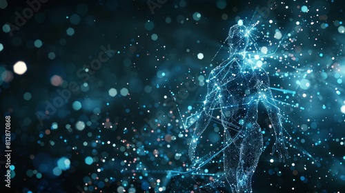 On a dark background, low poly wireframe mesh of a human body is scattered with particles and surrounded by light effects. hyper realistic  #812870868