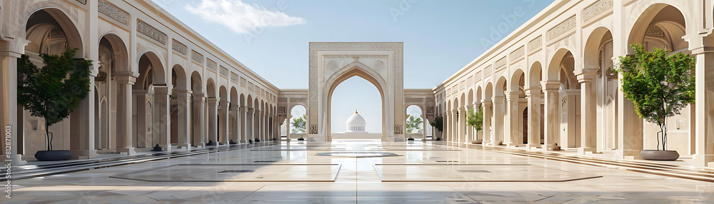 mosque building with classic architecture and high detail, framed by a blue sky and white clouds, with a green tree in the foreground