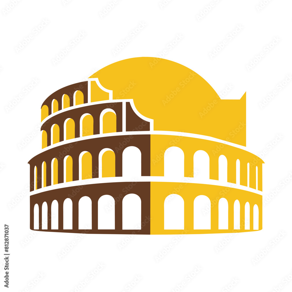 Naklejka premium A minimalist logo featuring a yellow and brown depiction of the iconic Colosseum in Rome, A minimalist logo of the Colosseum in Rome, minimalist logo