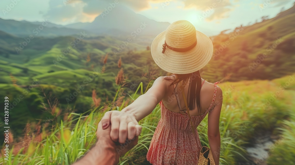 Follow me concept and traveling together Girl traveler wearing hat round straw bag and short jumpsuit holds the boyfriends hand and leading to green big mountains vacation : Generative AI