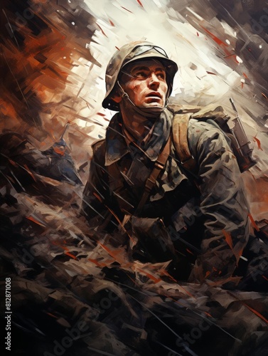 the essence of The Great War in a mesmerizing blend of abstract shapes and colors from an eagle-eye perspective, revealing hidden stories and emotions © 4016Studio