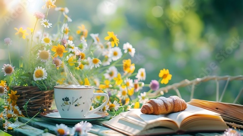 Bouquet of meadow flowers croissant cup of tea or coffee books on table in summer garden Rest in garden reading books breakfast vacations in nature concept Summertime in garden on back : Generative AI photo