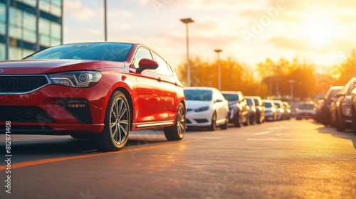 Car parked at outdoor parking lot. Used car for sale and rental service. Car insurance background. Automobile parking area. Car dealership and dealer agent concept. Automotive industry. Electric auto