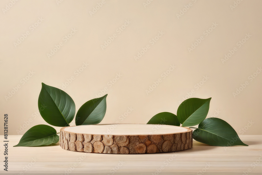 Premium Minimal modern wood slice podium background. ai generative Premium Minimal modern wood slice podium background. ai generative