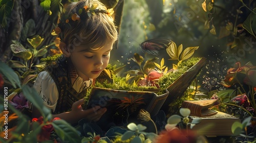Young Girl Reading a Book in a Magical Forest Filled with Nature s Enchantment