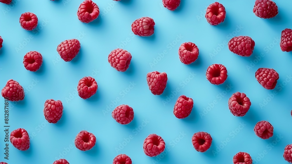 Colorful pattern of raspberries on blue background From top view : Generative AI