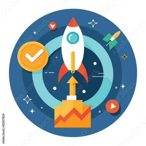 A rocket symbol with a check mark on it, symbolizing success and completion of a task, A minimalist mark embodying the essence of a successful startup in the digital age