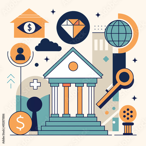 Detailed illustration of a building with a magnifying glass in front, symbolizing inspection or analysis, Abstract representation of a skincare routine, minimalist logo