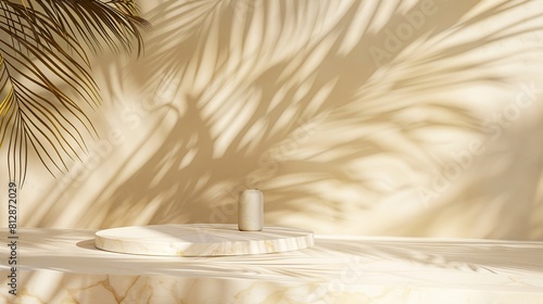 Tropical palm tree shadow on cream wall and luxury marble table for product placement Natural layout design background Abstract summer light cosmetic stand mockup : Generative AI