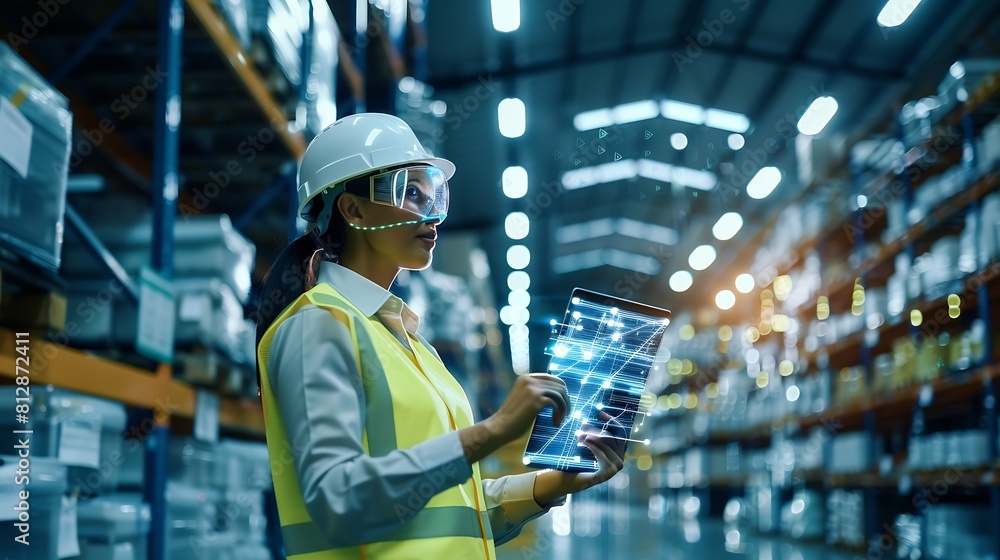 Industry 40 Modern Warehouse Female Engineer in Empty Warehouse Uses Digital Tablet Computer with Augmented Reality Software for Future Factory or Warehouse Layout Concept Shot of Augm : Generative AI Industry 40 Modern Warehouse Female Engineer in Empty Warehouse Uses Digital Tablet Computer with Augmented Reality Software for Future Factory or Warehouse Layout Concept Shot of Augm : Generative AI