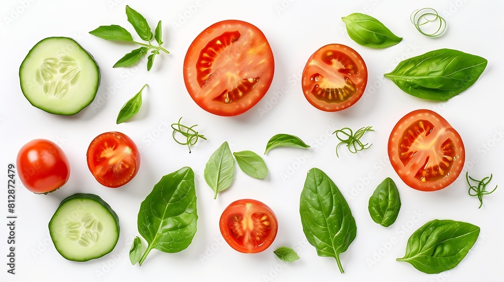 Creative layout made of tomato cucumber and salad leaves on the white background Flat lay Food concept : Generative AI Creative layout made of tomato cucumber and salad leaves on the white background Flat lay Food concept : Generative AI