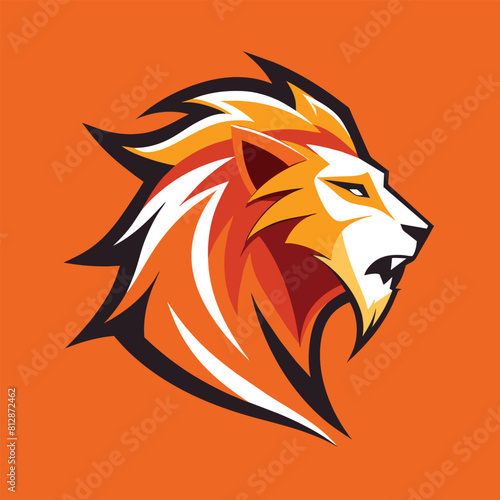 Modern lion head roaring fiercely against vibrant orange backdrop, A modern, abstract representation of a lion's roar, minimalist logo