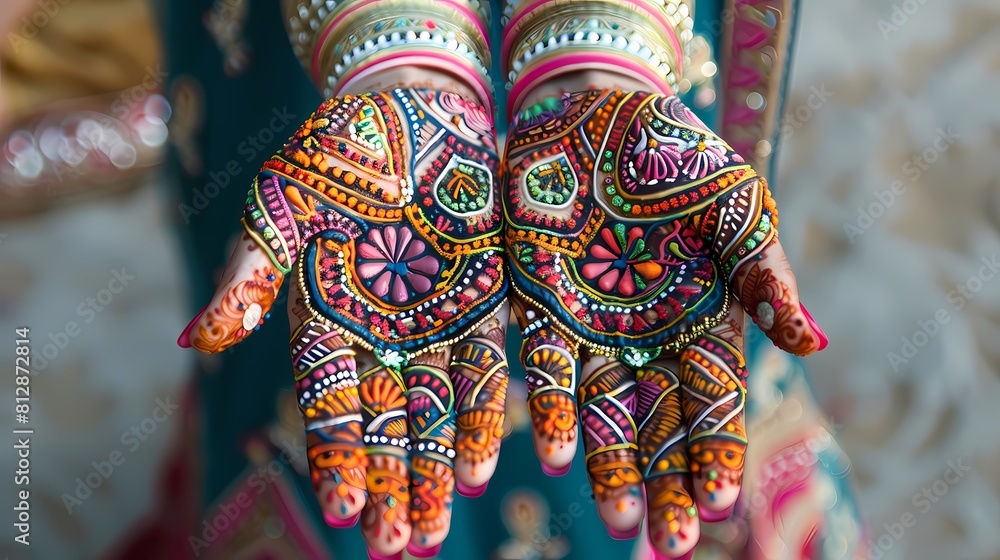 Intricate mehndi decorations featuring a riot of colors, intricately applied on a smooth, solid background, capturing the essence of celebration and tradition