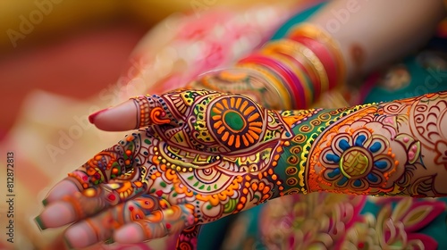 Intricate mehndi decorations featuring a riot of colors, intricately applied on a smooth, solid background, capturing the essence of celebration and tradition